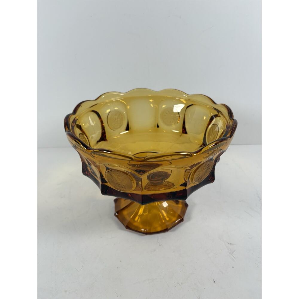 Vintage Amber Coin Glass Pedestal Compote Bowl Eagle Liberty Coin Pattern